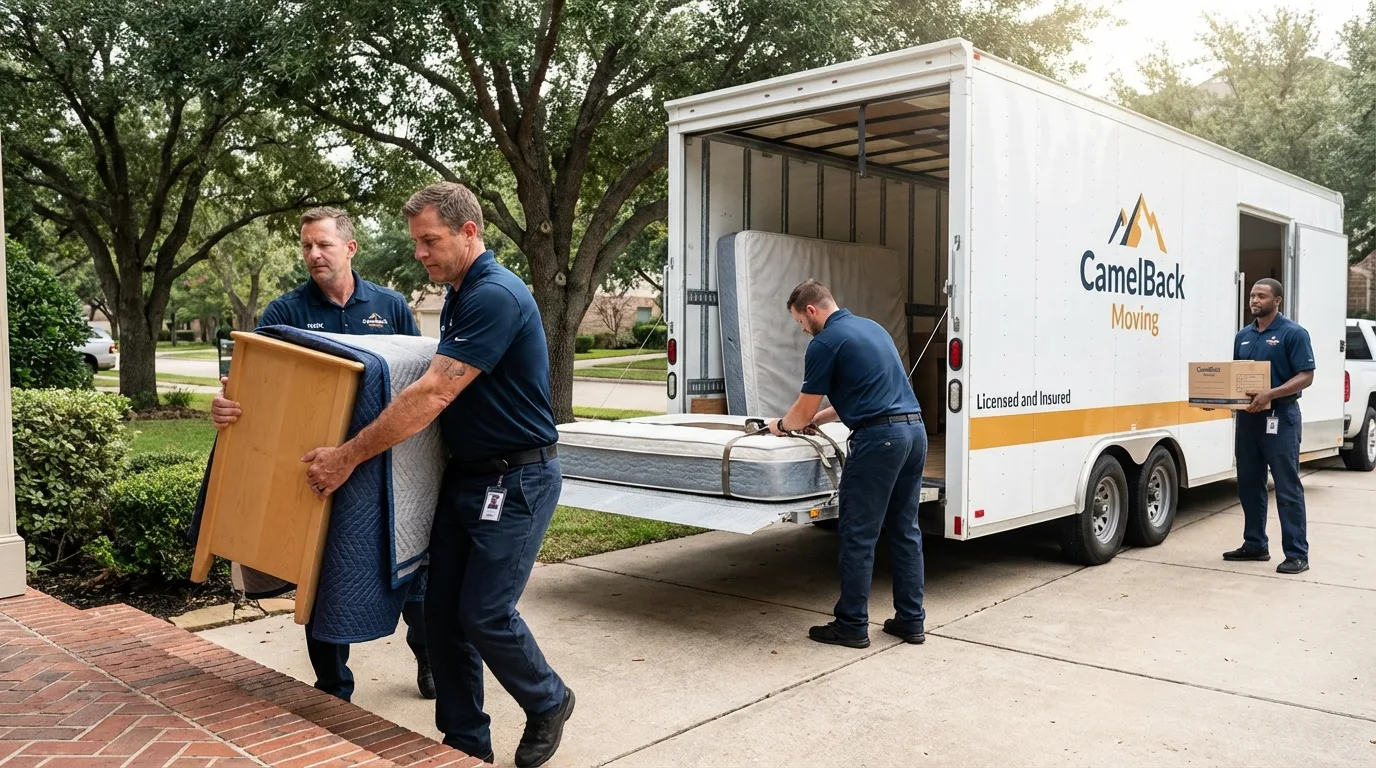 Crew loading residential truck for cross-state move from Splendora, TX