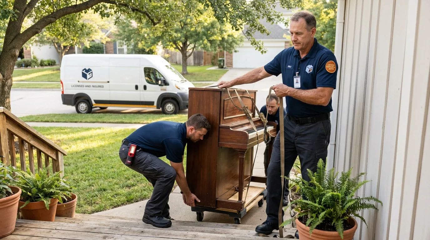Licensed piano movers securing grand piano in Splendora, TX