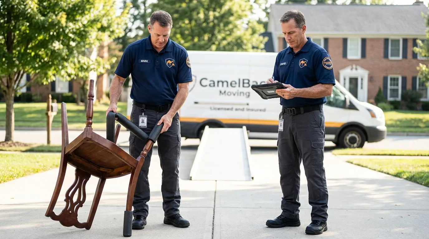 Movers inspecting furniture for damage prevention before loading in Splendora, TX