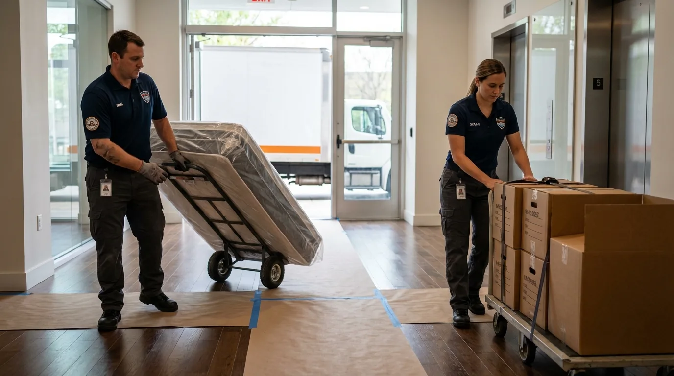 Professional apartment movers loading elevator in Splendora, TX