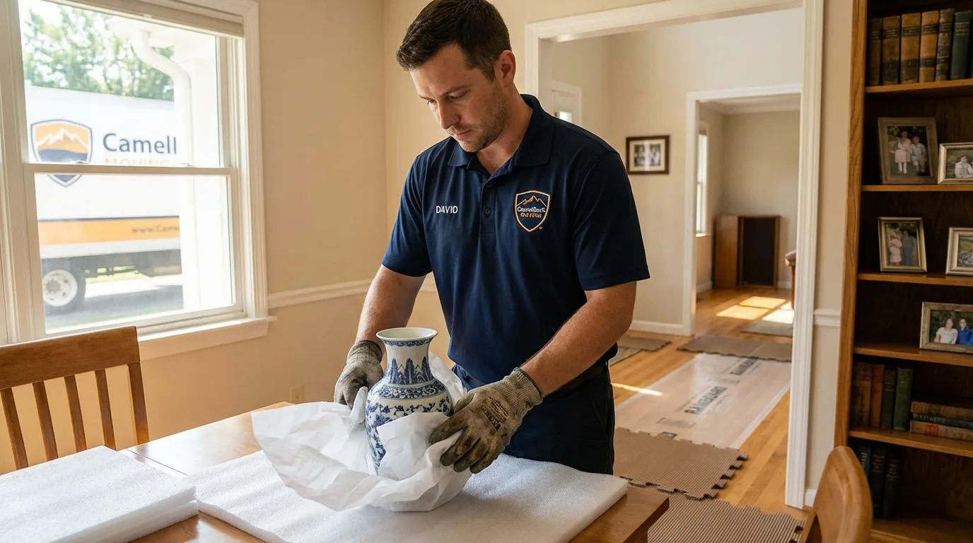 Professional crew carefully wrapping antique vase for senior downsizing move in Splendora, TX